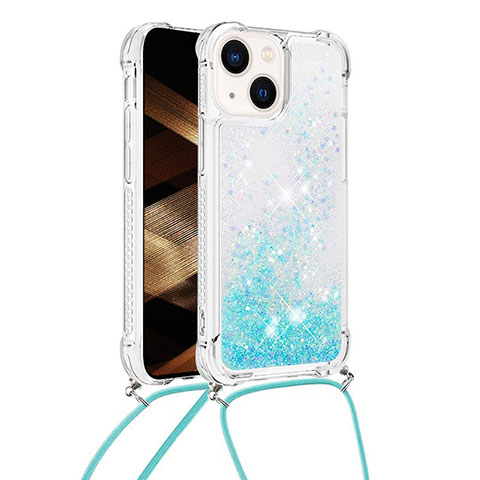 Funda Silicona Carcasa Goma Bling-Bling con Acollador Cordon Lanyard S02 para Apple iPhone 14 Azul Cielo