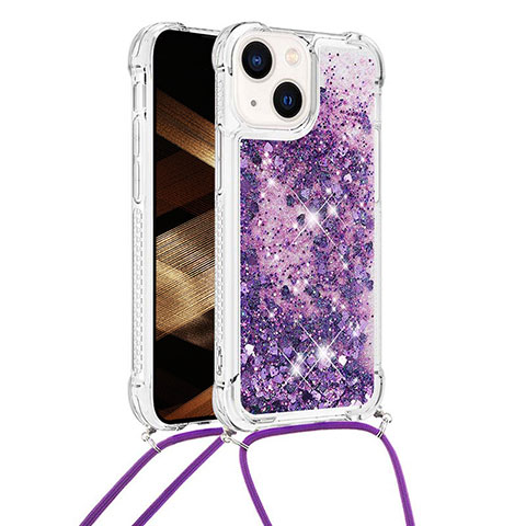 Funda Silicona Carcasa Goma Bling-Bling con Acollador Cordon Lanyard S02 para Apple iPhone 14 Morado