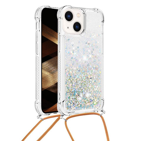 Funda Silicona Carcasa Goma Bling-Bling con Acollador Cordon Lanyard S02 para Apple iPhone 14 Plata