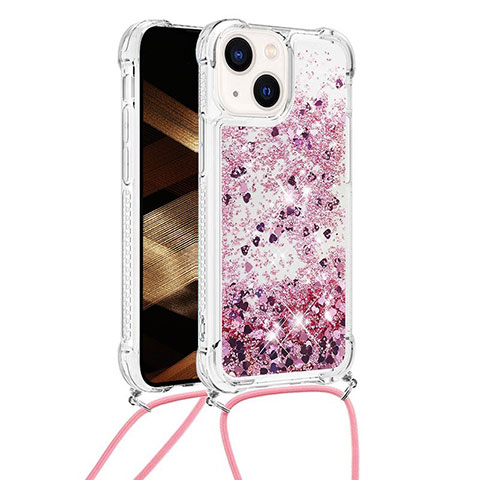 Funda Silicona Carcasa Goma Bling-Bling con Acollador Cordon Lanyard S02 para Apple iPhone 14 Purpura Claro