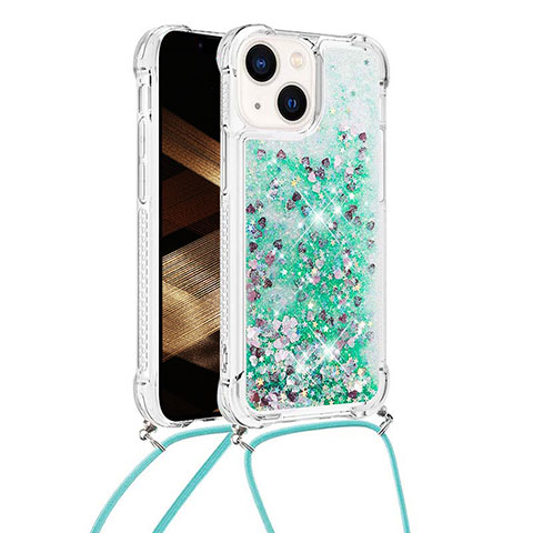 Funda Silicona Carcasa Goma Bling-Bling con Acollador Cordon Lanyard S02 para Apple iPhone 14 Verde