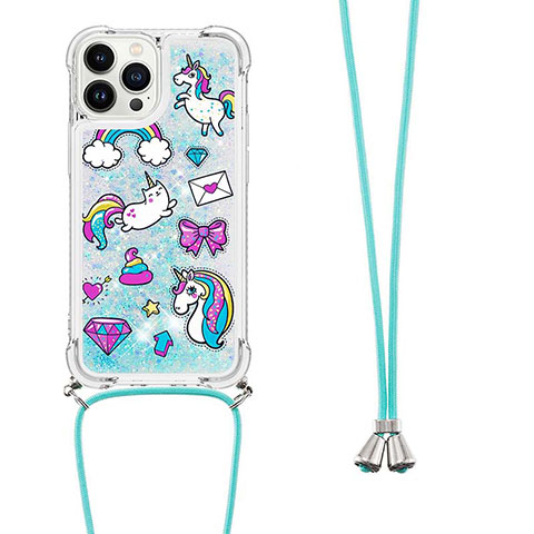 Funda Silicona Carcasa Goma Bling-Bling con Acollador Cordon Lanyard S02 para Apple iPhone 15 Pro Max Azul Cielo