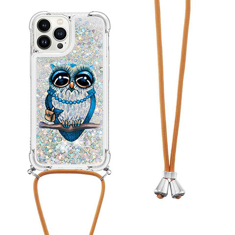 Funda Silicona Carcasa Goma Bling-Bling con Acollador Cordon Lanyard S02 para Apple iPhone 15 Pro Max Plata