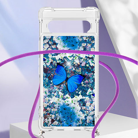 Funda Silicona Carcasa Goma Bling-Bling con Acollador Cordon Lanyard S02 para Google Pixel 7a 5G Azul