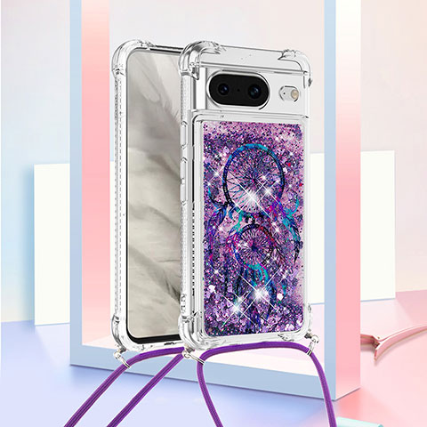 Funda Silicona Carcasa Goma Bling-Bling con Acollador Cordon Lanyard S02 para Google Pixel 8 5G Morado