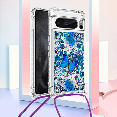 Funda Silicona Carcasa Goma Bling-Bling con Acollador Cordon Lanyard S02 para Google Pixel 8 Pro 5G Azul