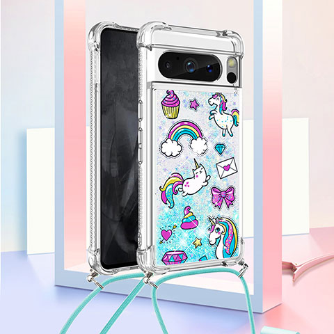 Funda Silicona Carcasa Goma Bling-Bling con Acollador Cordon Lanyard S02 para Google Pixel 8 Pro 5G Azul Cielo