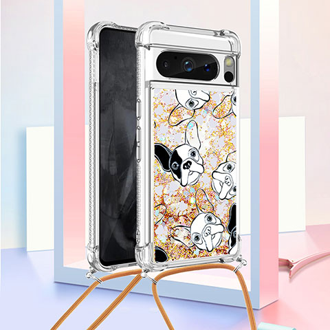 Funda Silicona Carcasa Goma Bling-Bling con Acollador Cordon Lanyard S02 para Google Pixel 8 Pro 5G Oro