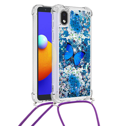 Funda Silicona Carcasa Goma Bling-Bling con Acollador Cordon Lanyard S02 para Samsung Galaxy A01 Core Azul