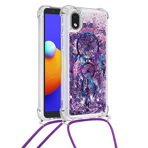 Funda Silicona Carcasa Goma Bling-Bling con Acollador Cordon Lanyard S02 para Samsung Galaxy A01 Core Morado