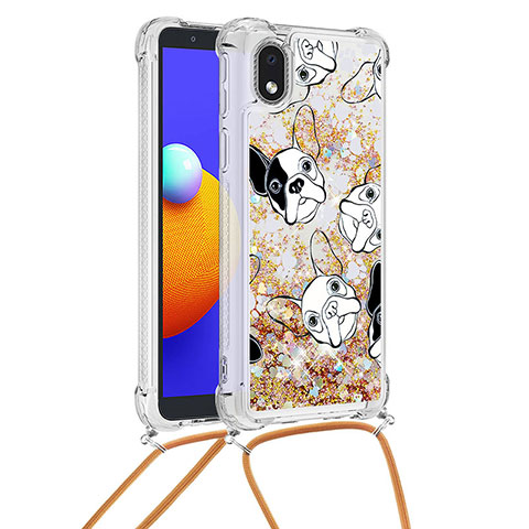 Funda Silicona Carcasa Goma Bling-Bling con Acollador Cordon Lanyard S02 para Samsung Galaxy A01 Core Oro