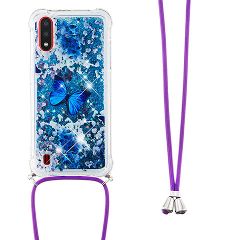 Funda Silicona Carcasa Goma Bling-Bling con Acollador Cordon Lanyard S02 para Samsung Galaxy A01 SM-A015 Azul