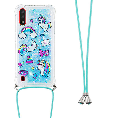 Funda Silicona Carcasa Goma Bling-Bling con Acollador Cordon Lanyard S02 para Samsung Galaxy A01 SM-A015 Azul Cielo