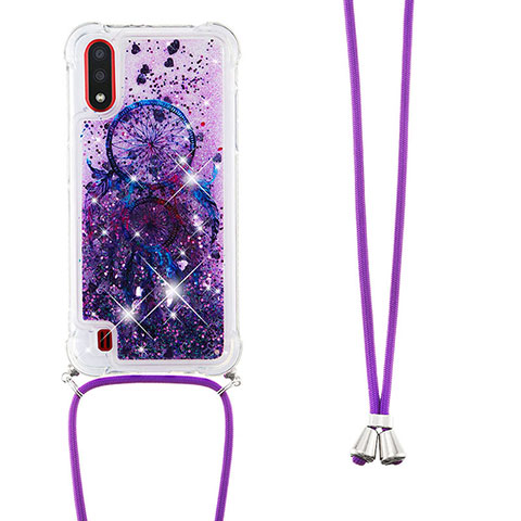 Funda Silicona Carcasa Goma Bling-Bling con Acollador Cordon Lanyard S02 para Samsung Galaxy A01 SM-A015 Morado