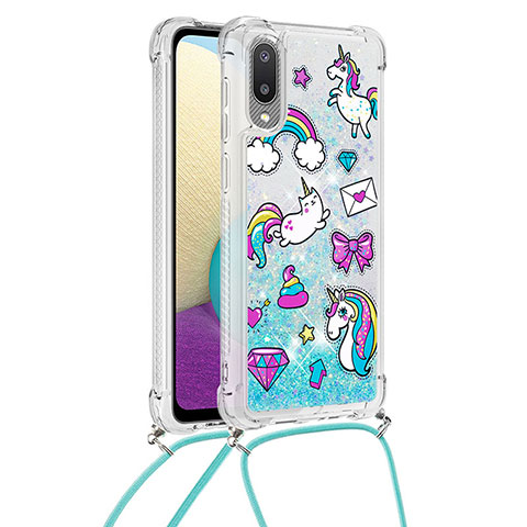 Funda Silicona Carcasa Goma Bling-Bling con Acollador Cordon Lanyard S02 para Samsung Galaxy A02 Azul Cielo