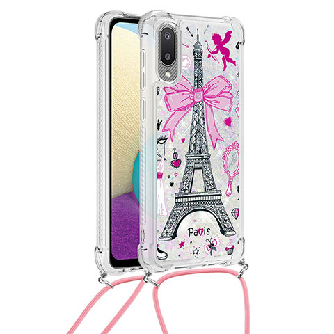 Funda Silicona Carcasa Goma Bling-Bling con Acollador Cordon Lanyard S02 para Samsung Galaxy A02 Multicolor