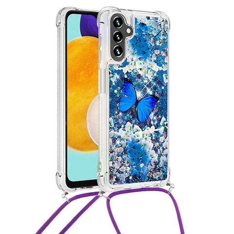 Funda Silicona Carcasa Goma Bling-Bling con Acollador Cordon Lanyard S02 para Samsung Galaxy A04s Azul