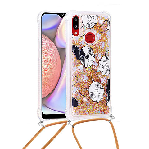 Funda Silicona Carcasa Goma Bling-Bling con Acollador Cordon Lanyard S02 para Samsung Galaxy A10s Oro