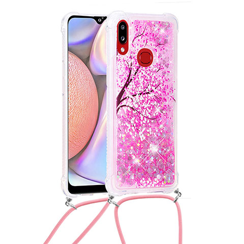 Funda Silicona Carcasa Goma Bling-Bling con Acollador Cordon Lanyard S02 para Samsung Galaxy A10s Rosa Roja