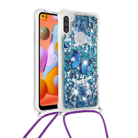 Funda Silicona Carcasa Goma Bling-Bling con Acollador Cordon Lanyard S02 para Samsung Galaxy A11 Azul