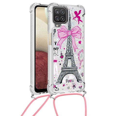 Funda Silicona Carcasa Goma Bling-Bling con Acollador Cordon Lanyard S02 para Samsung Galaxy A12 5G Rosa