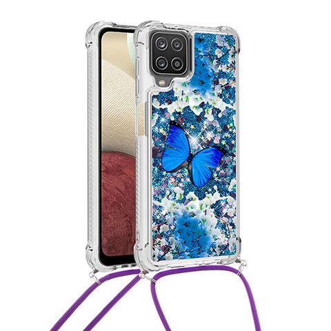 Funda Silicona Carcasa Goma Bling-Bling con Acollador Cordon Lanyard S02 para Samsung Galaxy A12 Azul