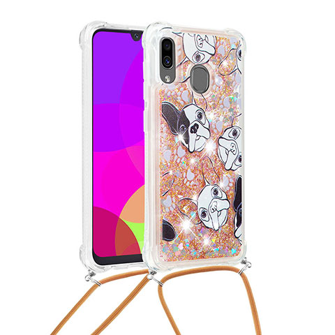 Funda Silicona Carcasa Goma Bling-Bling con Acollador Cordon Lanyard S02 para Samsung Galaxy A20 Oro