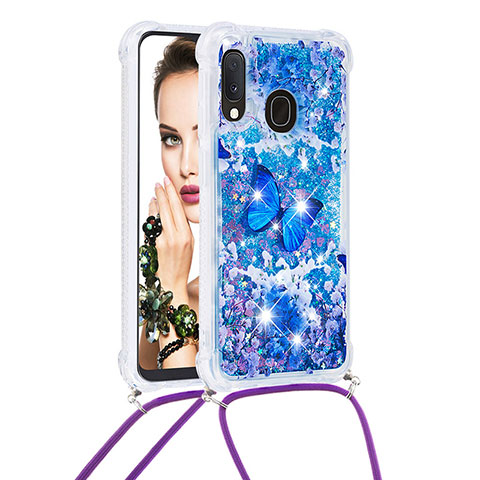 Funda Silicona Carcasa Goma Bling-Bling con Acollador Cordon Lanyard S02 para Samsung Galaxy A20e Azul