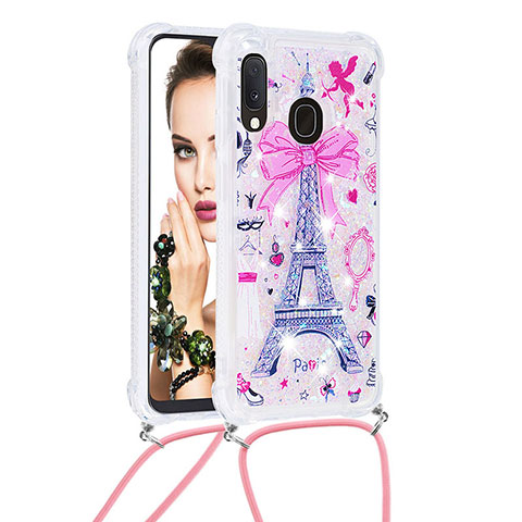 Funda Silicona Carcasa Goma Bling-Bling con Acollador Cordon Lanyard S02 para Samsung Galaxy A20e Rosa