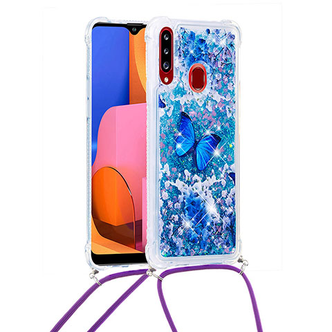 Funda Silicona Carcasa Goma Bling-Bling con Acollador Cordon Lanyard S02 para Samsung Galaxy A20s Azul