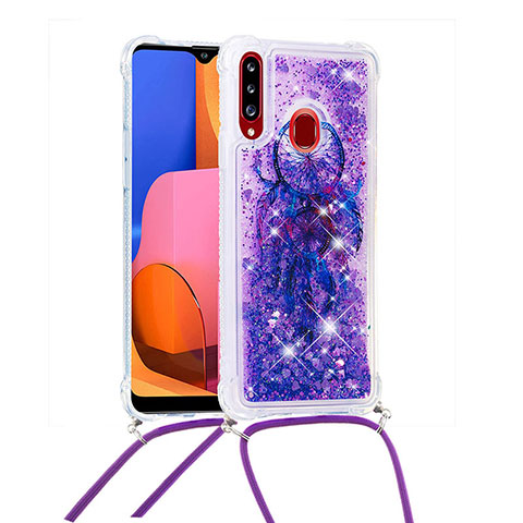 Funda Silicona Carcasa Goma Bling-Bling con Acollador Cordon Lanyard S02 para Samsung Galaxy A20s Morado