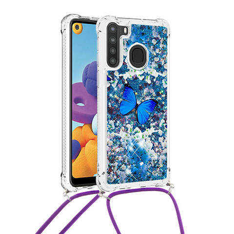 Funda Silicona Carcasa Goma Bling-Bling con Acollador Cordon Lanyard S02 para Samsung Galaxy A21 Azul