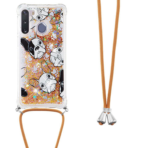 Funda Silicona Carcasa Goma Bling-Bling con Acollador Cordon Lanyard S02 para Samsung Galaxy A21 European Oro