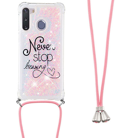 Funda Silicona Carcasa Goma Bling-Bling con Acollador Cordon Lanyard S02 para Samsung Galaxy A21 European Rosa