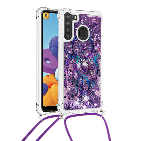 Funda Silicona Carcasa Goma Bling-Bling con Acollador Cordon Lanyard S02 para Samsung Galaxy A21 Morado