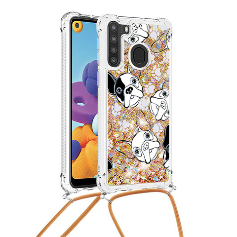 Funda Silicona Carcasa Goma Bling-Bling con Acollador Cordon Lanyard S02 para Samsung Galaxy A21 Oro