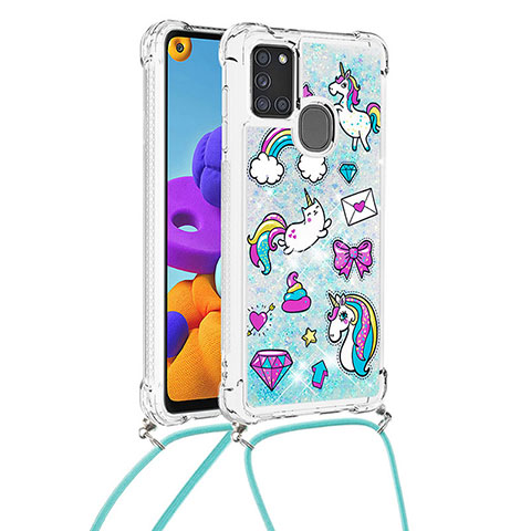 Funda Silicona Carcasa Goma Bling-Bling con Acollador Cordon Lanyard S02 para Samsung Galaxy A21s Azul Cielo