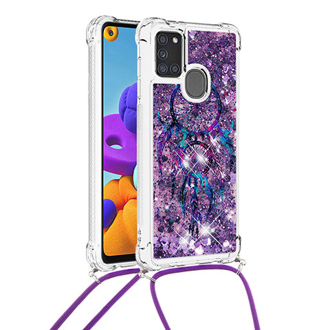 Funda Silicona Carcasa Goma Bling-Bling con Acollador Cordon Lanyard S02 para Samsung Galaxy A21s Morado