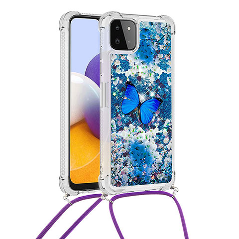 Funda Silicona Carcasa Goma Bling-Bling con Acollador Cordon Lanyard S02 para Samsung Galaxy A22 5G Azul