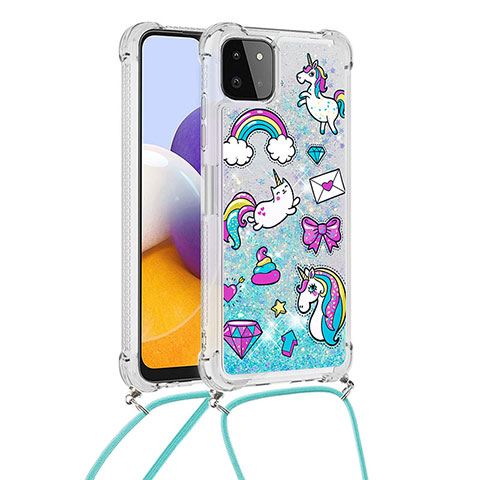 Funda Silicona Carcasa Goma Bling-Bling con Acollador Cordon Lanyard S02 para Samsung Galaxy A22 5G Azul Cielo