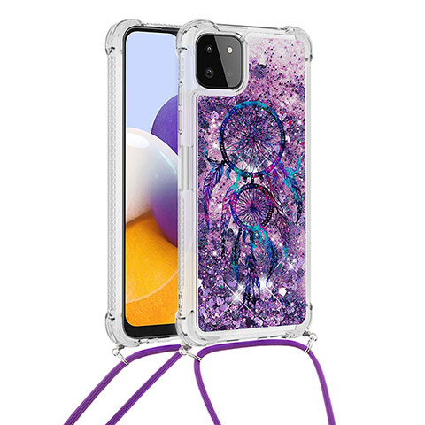 Funda Silicona Carcasa Goma Bling-Bling con Acollador Cordon Lanyard S02 para Samsung Galaxy A22 5G Morado