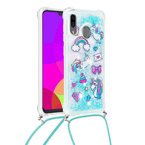 Funda Silicona Carcasa Goma Bling-Bling con Acollador Cordon Lanyard S02 para Samsung Galaxy A30 Azul Cielo