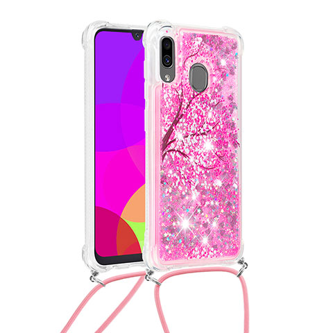 Funda Silicona Carcasa Goma Bling-Bling con Acollador Cordon Lanyard S02 para Samsung Galaxy A30 Rosa Roja