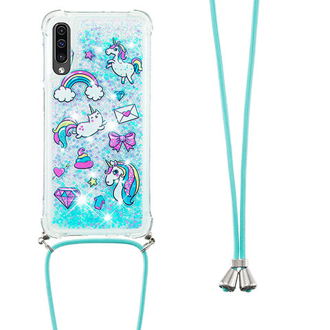 Funda Silicona Carcasa Goma Bling-Bling con Acollador Cordon Lanyard S02 para Samsung Galaxy A30S Azul Cielo