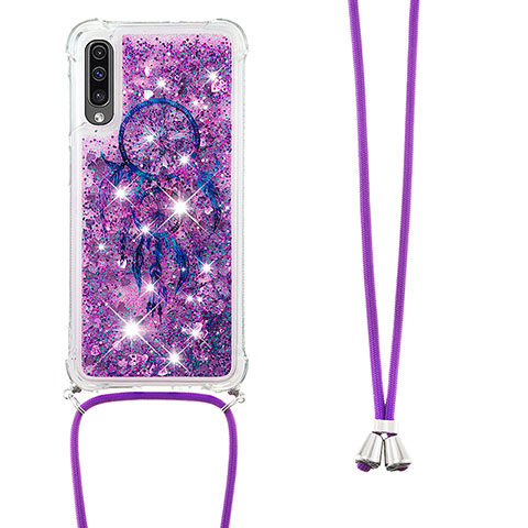 Funda Silicona Carcasa Goma Bling-Bling con Acollador Cordon Lanyard S02 para Samsung Galaxy A30S Morado