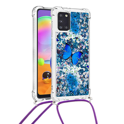 Funda Silicona Carcasa Goma Bling-Bling con Acollador Cordon Lanyard S02 para Samsung Galaxy A31 Azul