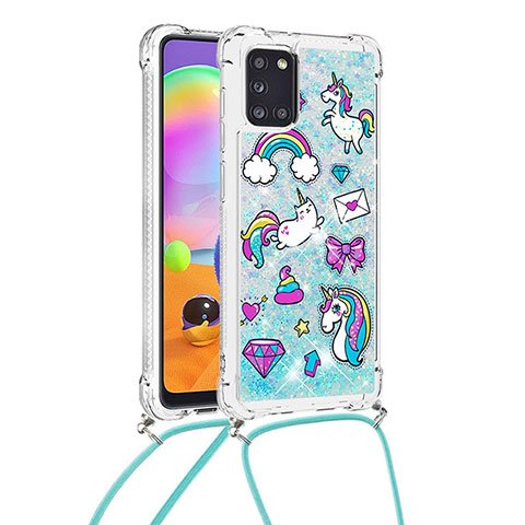 Funda Silicona Carcasa Goma Bling-Bling con Acollador Cordon Lanyard S02 para Samsung Galaxy A31 Azul Cielo