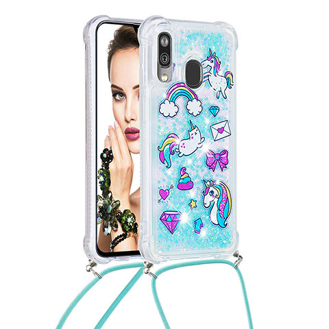 Funda Silicona Carcasa Goma Bling-Bling con Acollador Cordon Lanyard S02 para Samsung Galaxy A40 Azul Cielo