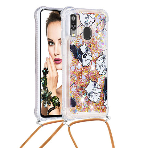 Funda Silicona Carcasa Goma Bling-Bling con Acollador Cordon Lanyard S02 para Samsung Galaxy A40 Oro