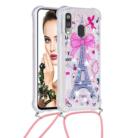 Funda Silicona Carcasa Goma Bling-Bling con Acollador Cordon Lanyard S02 para Samsung Galaxy A40 Rosa